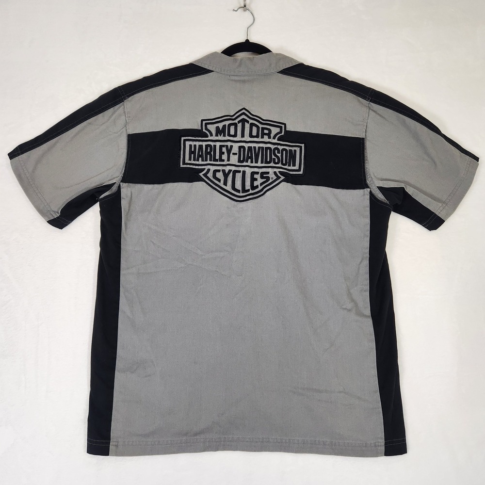 Harley-Davidson Mens Gray Black Colorblock Embroidered Logo Mechanic Shirt L